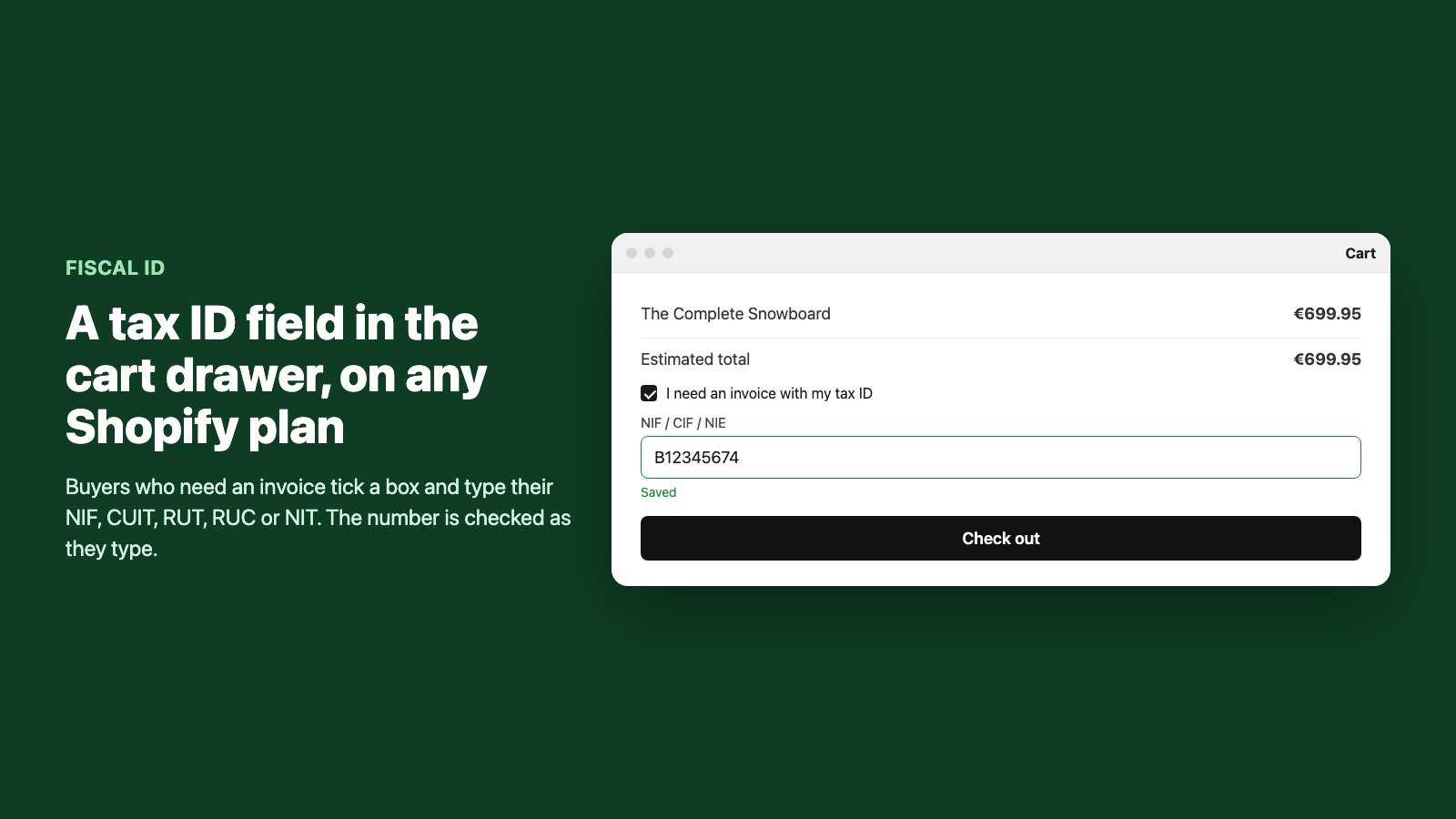 Shopify cart drawer with a Fiscal ID field and country picker