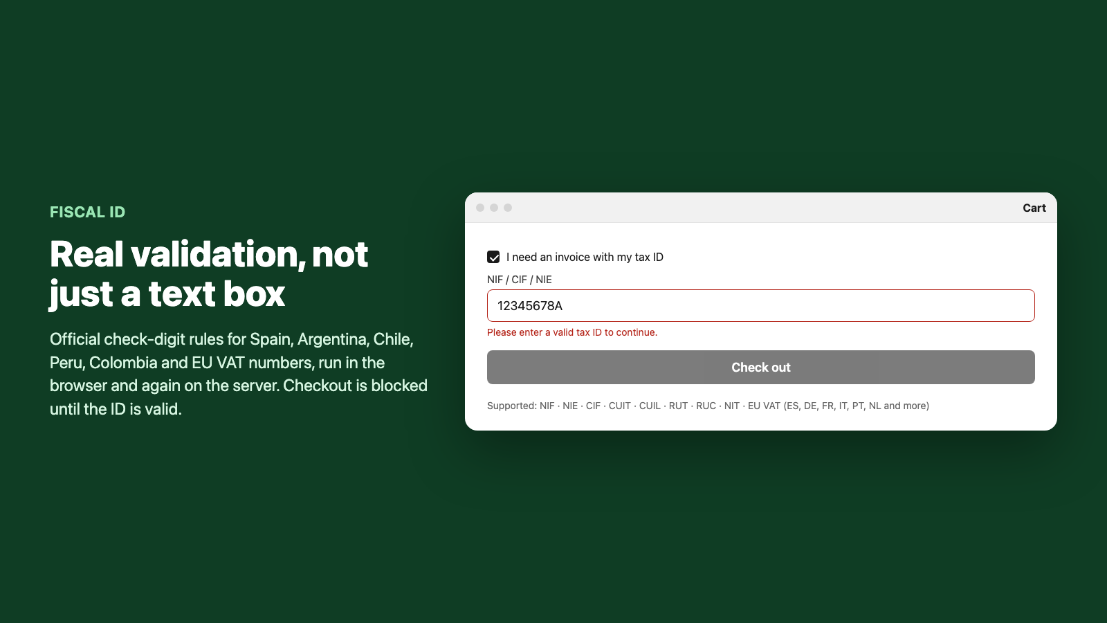 Tax ID field rejecting an invalid NIF and accepting a valid one