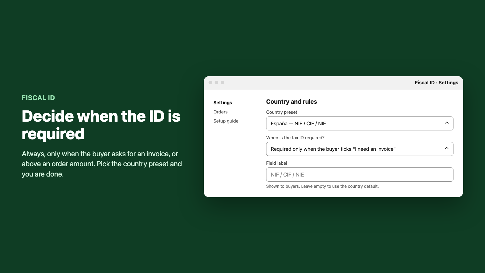 Fiscal ID settings page with country and rule options