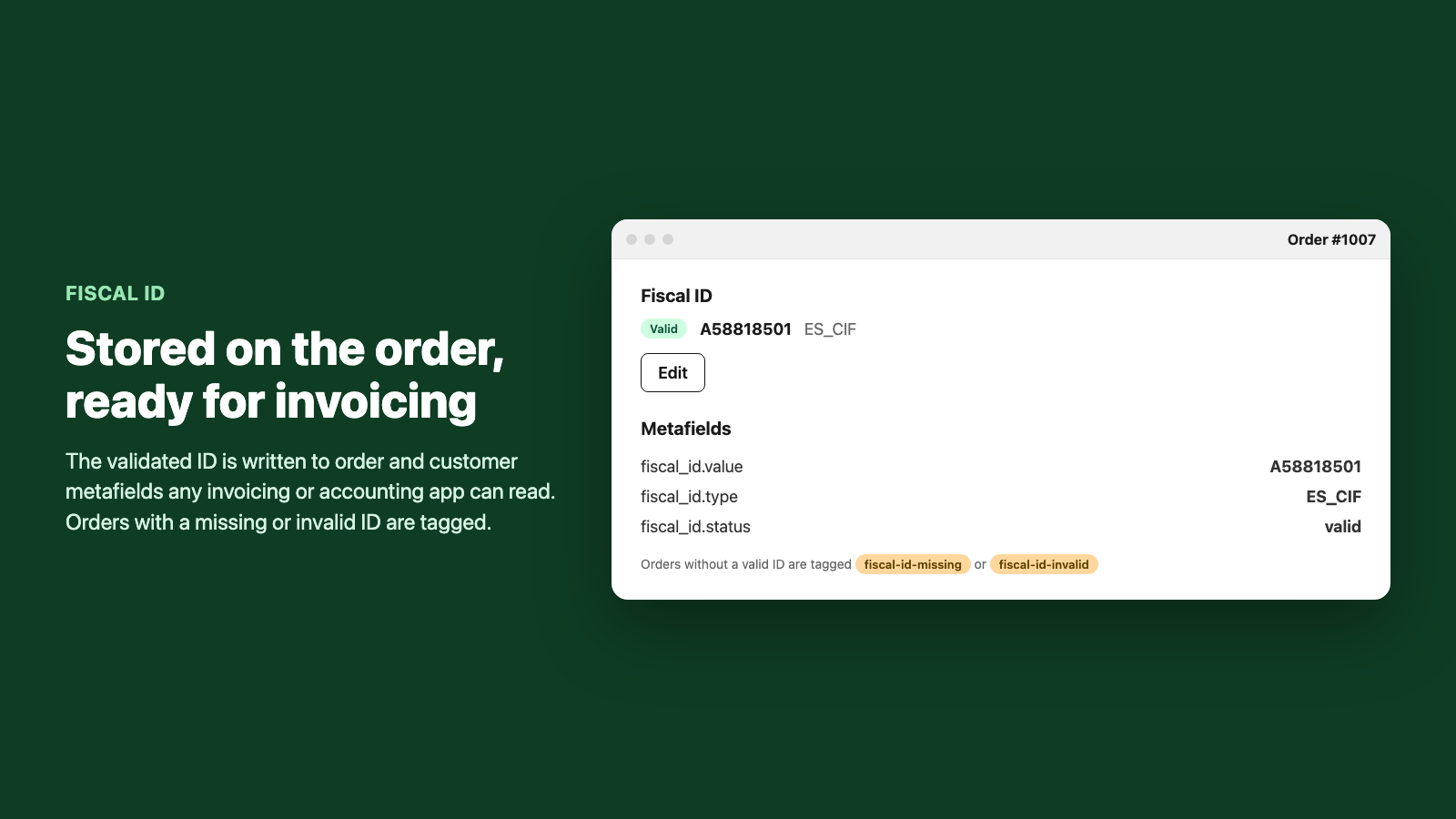 Shopify order page showing Fiscal ID metafields and status