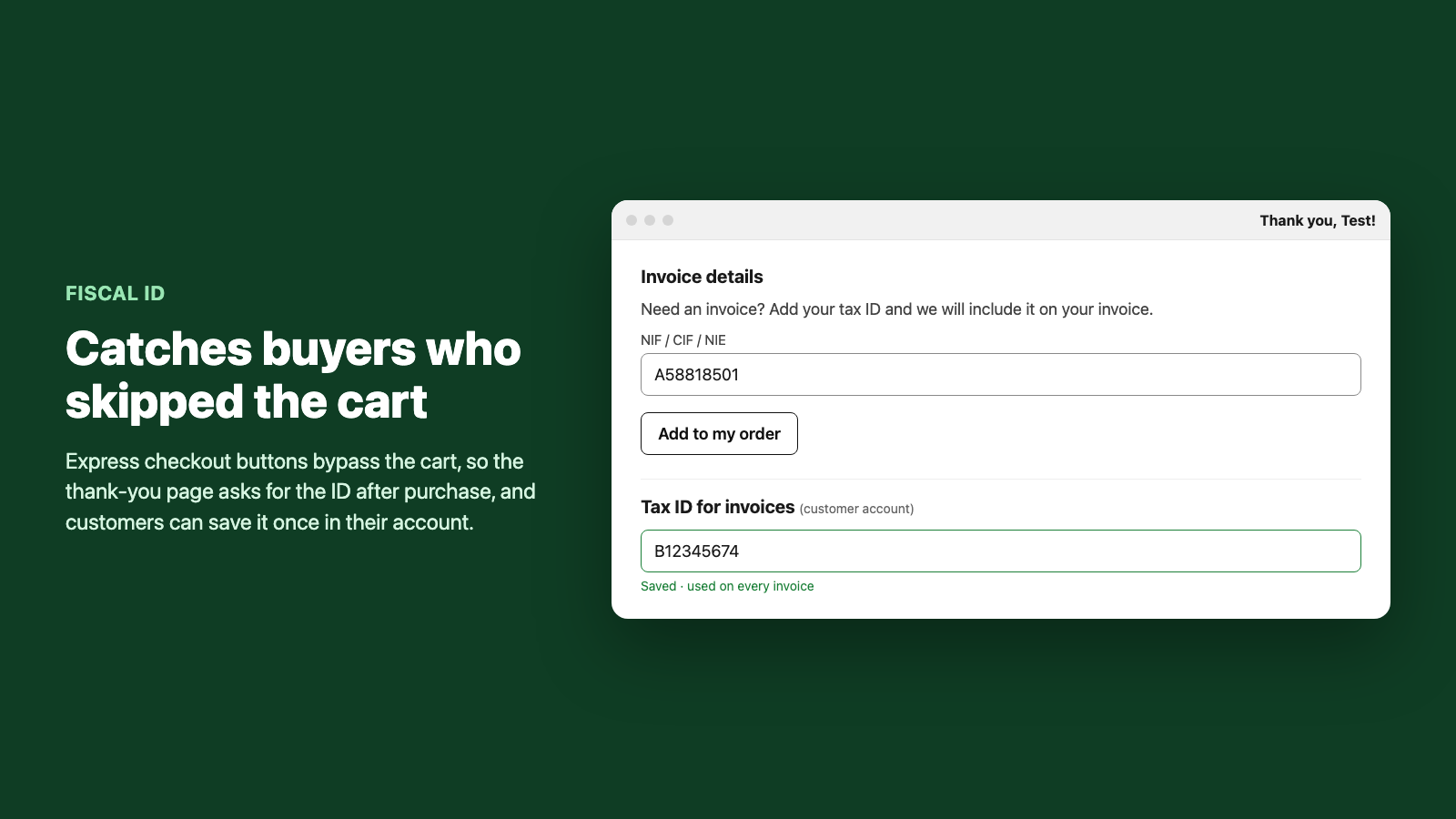Página de gracias de Shopify con el bloque «Datos de factura» para agregar el identificador al pedido, y el campo de la cuenta del cliente donde queda guardado para todas las facturas